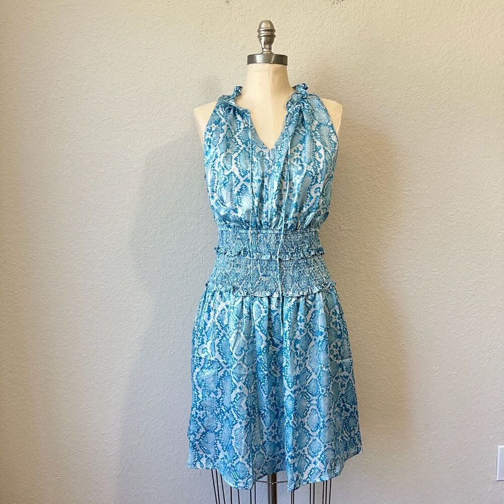 NWT ANTHROPOLOGIE CURRENT AIR Blue Snake Python Print Smocked Waist Dress